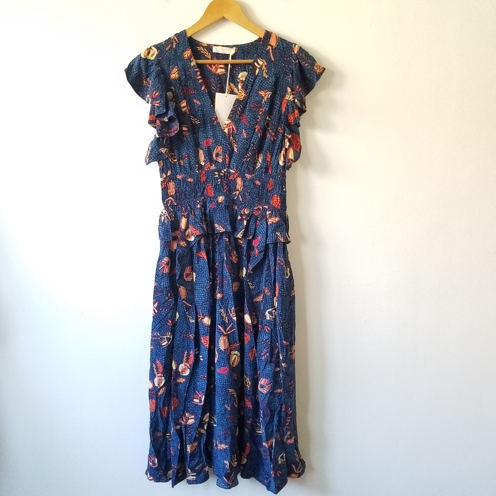 Ulla Johnson Brielle Dress Blue Dahlia Silk Ruffle V-Neck Dress Size 8 - Picture 3 of 16